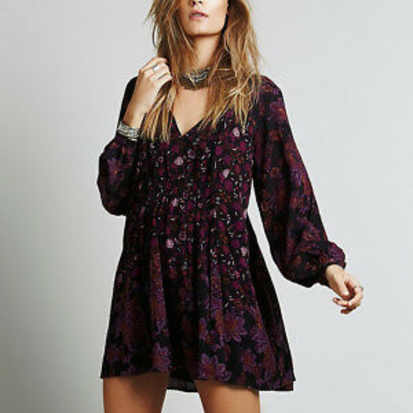 Free People Dresses & Skirts - Free People Black Purple Lucky Loosie Mini Dress S